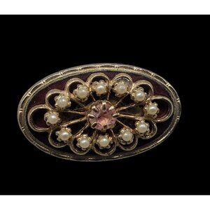 Pink Rhinestone & Faux Pearl Accents Oval Brooch Vintage Gold Tone Setting